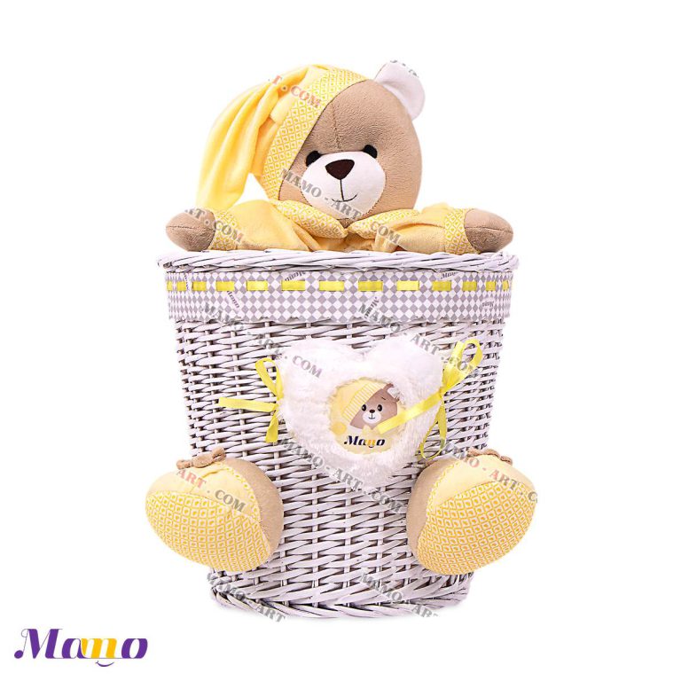 سطل زباله حصیری نوزاد اتاق کودک خرس مامو لیمویی - بهترین سیسمونی نوزاد و دکوراسیون اتاق کودک
