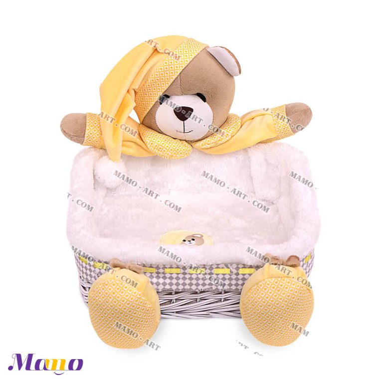 سبد حصیری لوازم بهداشتی نوزاد اتاق کودک خرس مامو لیمویی - بهترین سیسمونی نوزاد و دکوراسیون اتاق کودک